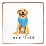 Rustic Marlin wooden block with a dog wearing a blue bandana with a 'M' on a white background, featuring the brand 'medfield'. Available at Be Charmed