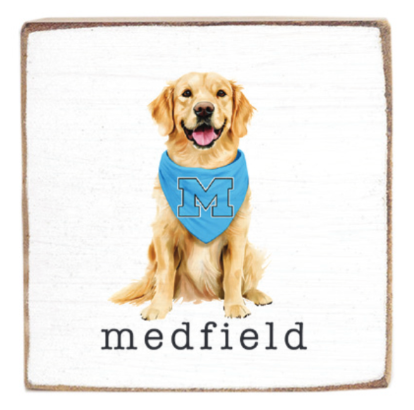 Rustic Marlin wooden block with a dog wearing a blue bandana with a 'M' on a white background, featuring the brand 'medfield'. Available at Be Charmed