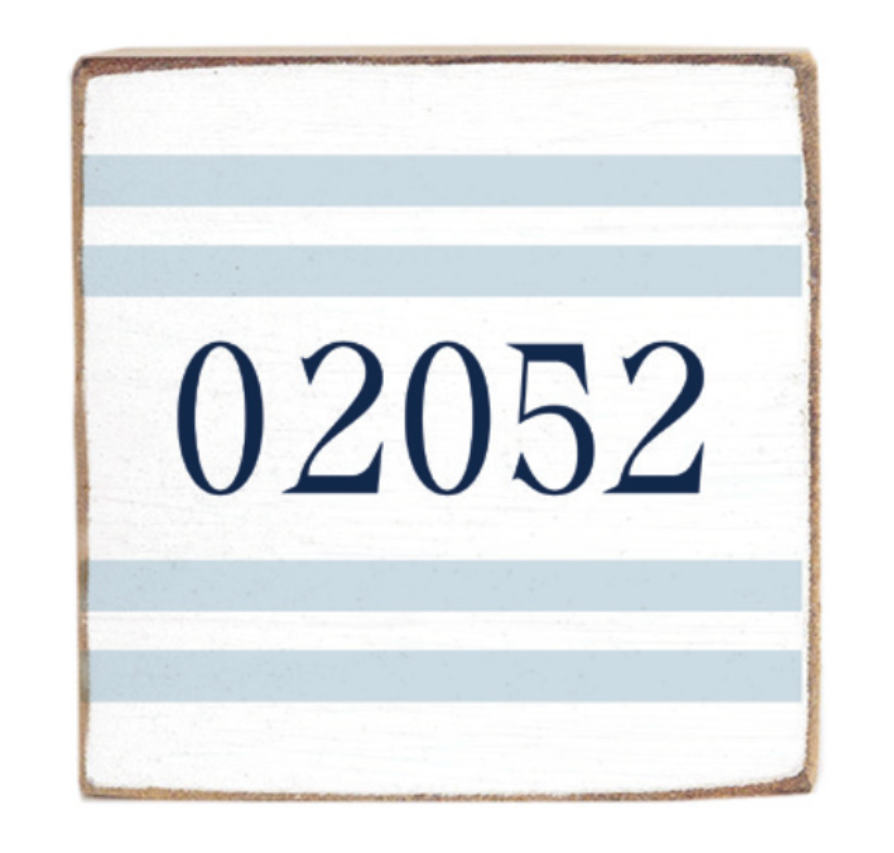 Rustic Marlin blue stripes 6x6 02052 wooden block shelf decor, available at Be Charmed.