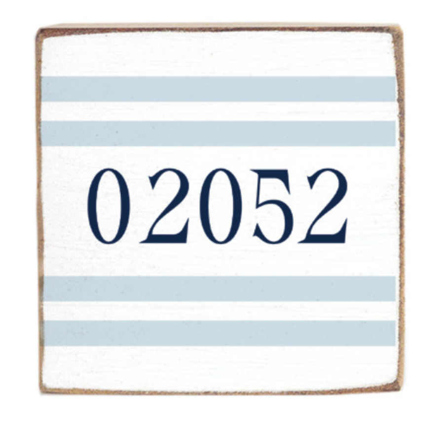 Rustic Marlin blue stripes 6x6 02052 wooden block shelf decor, available at Be Charmed.