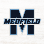 A decorative wood block with the letter 'M' in blue and the word 'MEDFIELD' in capital letters below the 'M'. Available at Be Charmed
