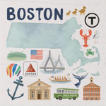 Illustrated map of Boston with various symbols and landmarks on coasters.  Available at Be Charmed