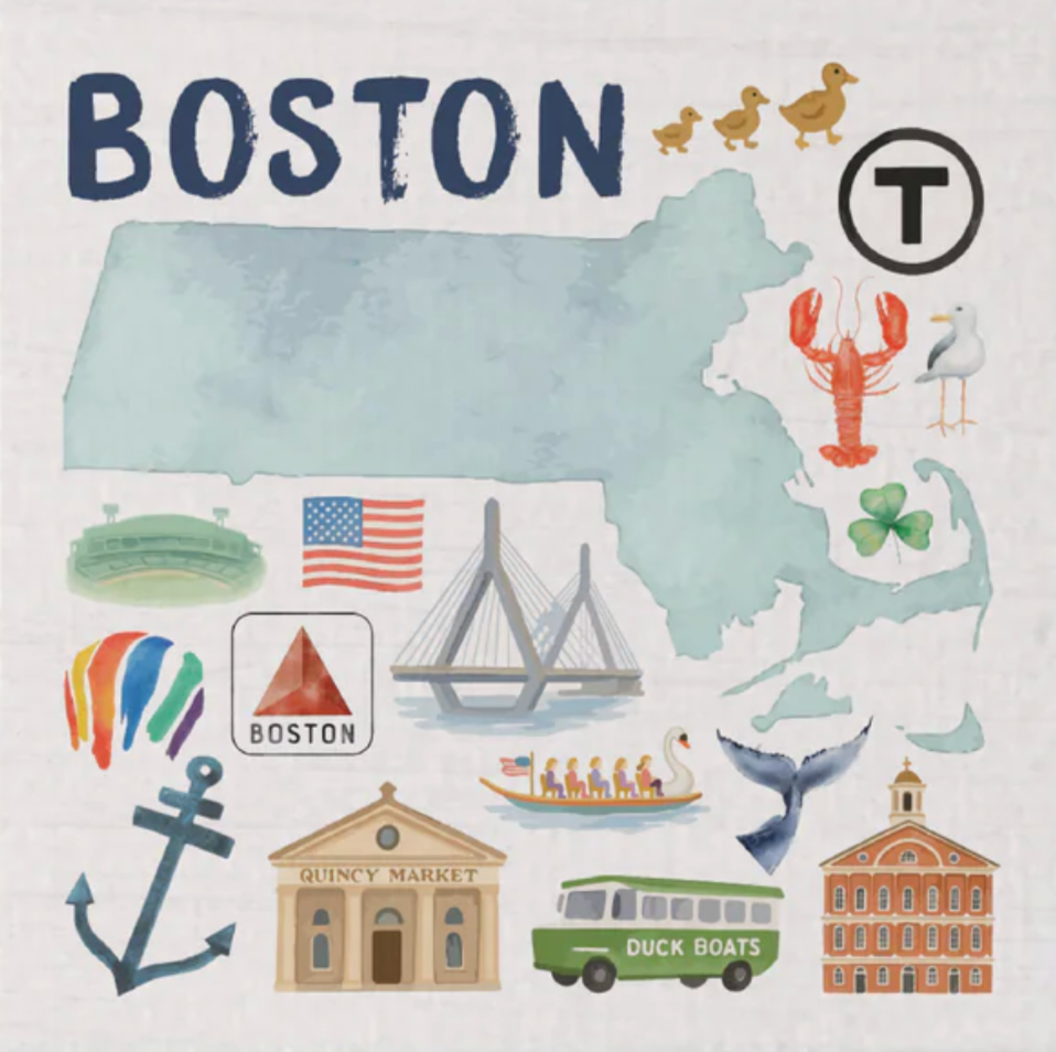 Illustrated map of Boston with various symbols and landmarks on coasters.  Available at Be Charmed