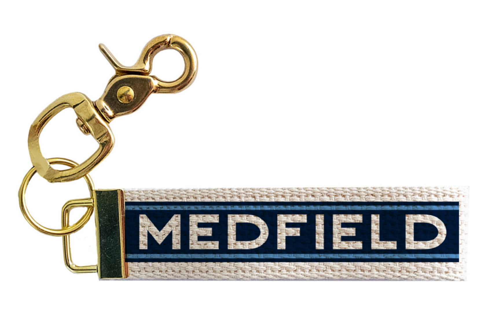 Keychain with 'MEDFIELD' colors and branding on a white background. Available at Be Charmed