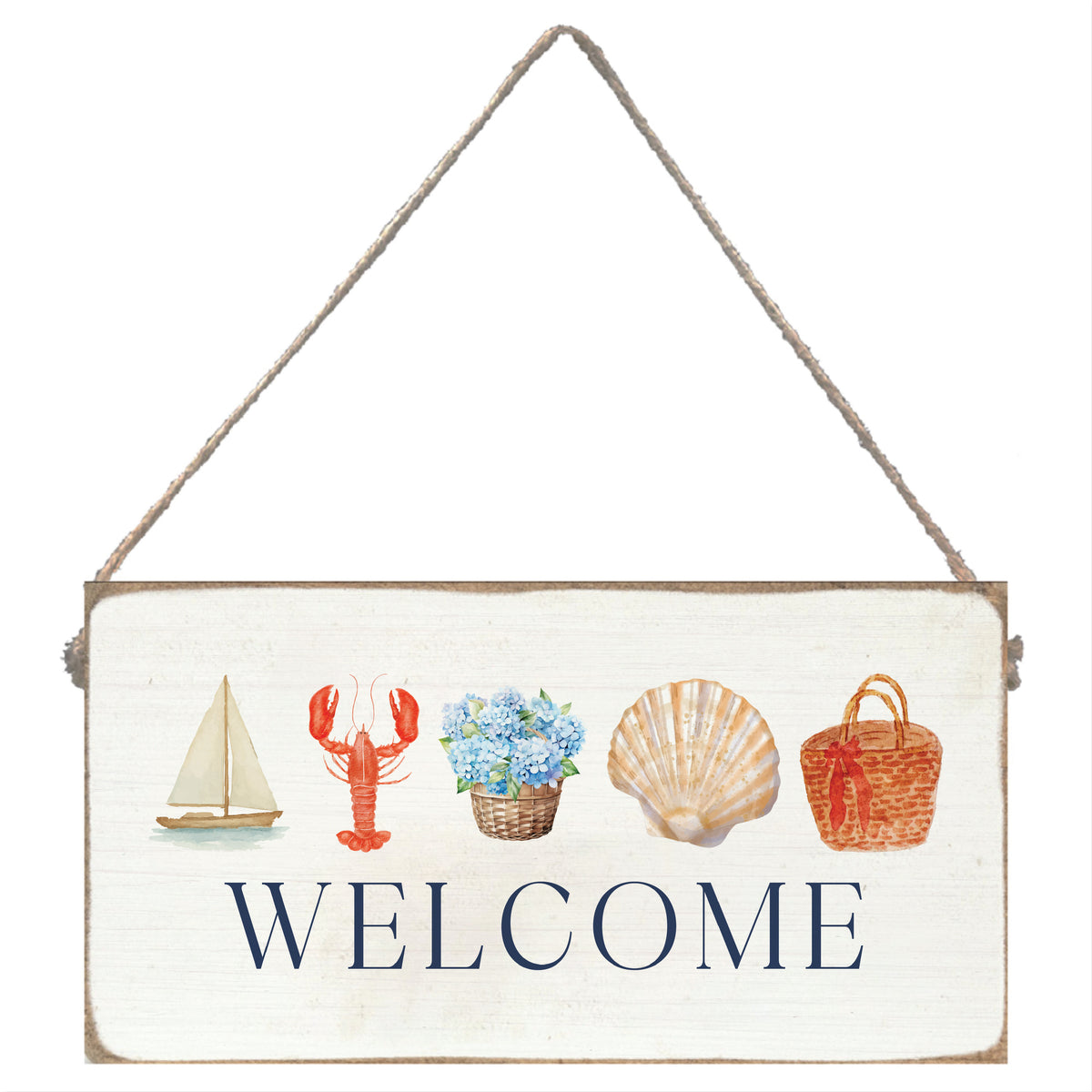 Decorative sign with nautical-themed illustrations and the word 'WELCOME' on a white background. Available at Be Charmed