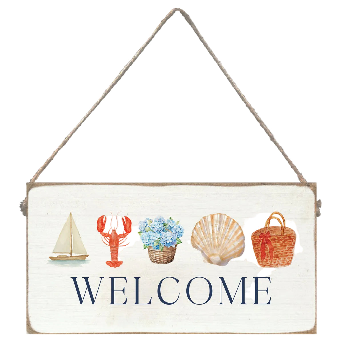 Decorative sign with nautical-themed illustrations and the word 'WELCOME' on a white background. Available at Be Charmed