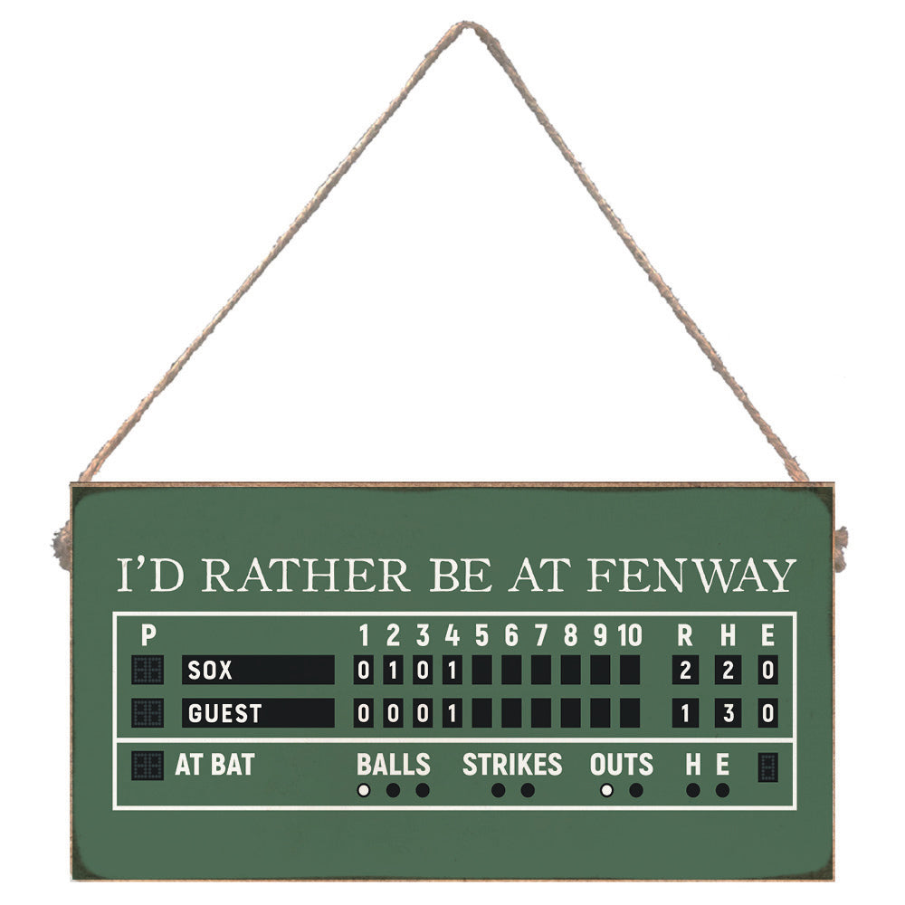Scoreboard twine sign with 'I'd Rather Be at Fenway' text on a green background. Available at Be Charmed