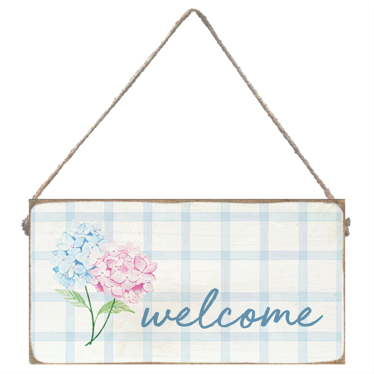 Decorative sign with flowers and 'welcome' text on a plaid background. Available at Be Charmed