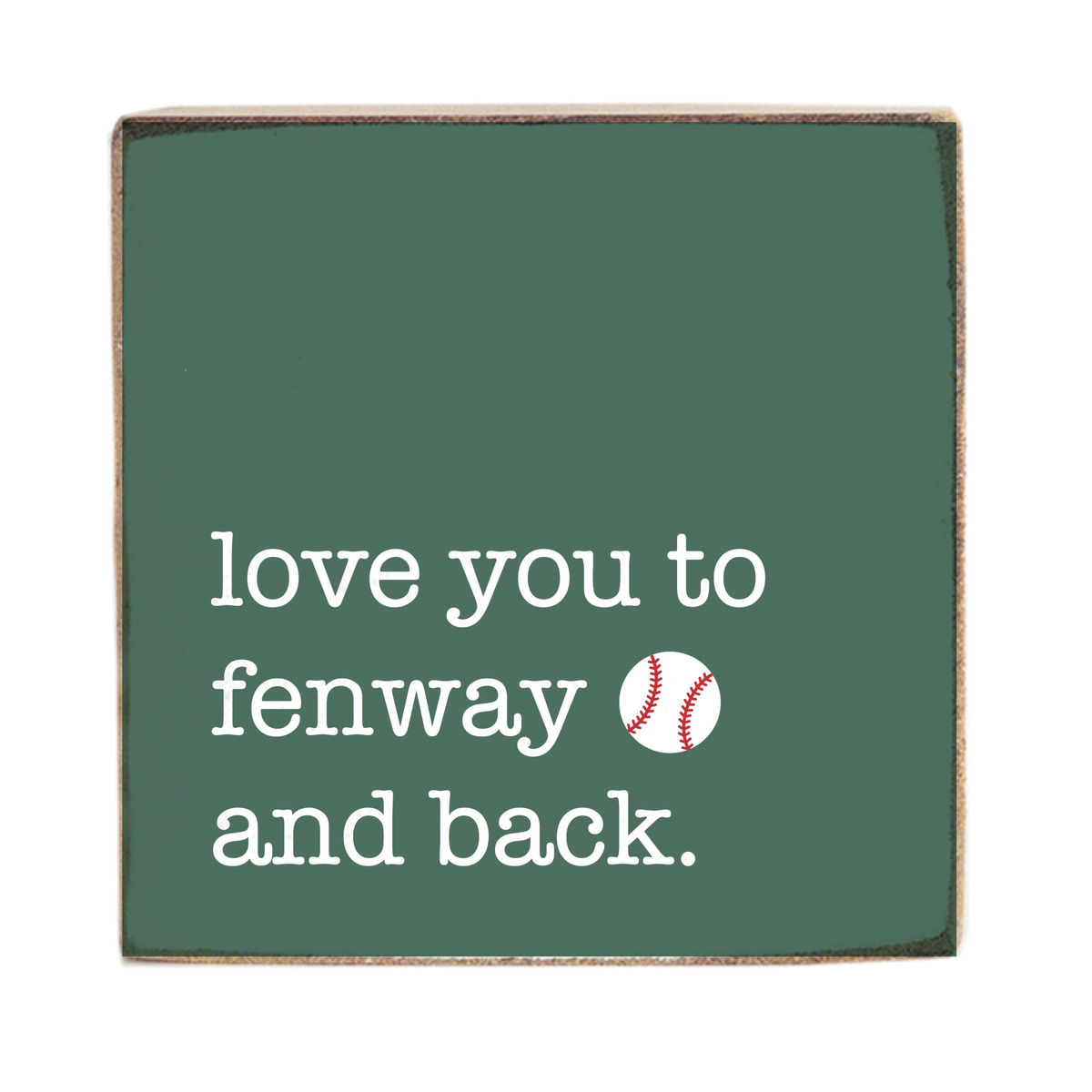 Green block with white text 'love you to fenway and back' featuring a baseball icon on a white background. Available at Be Charmed