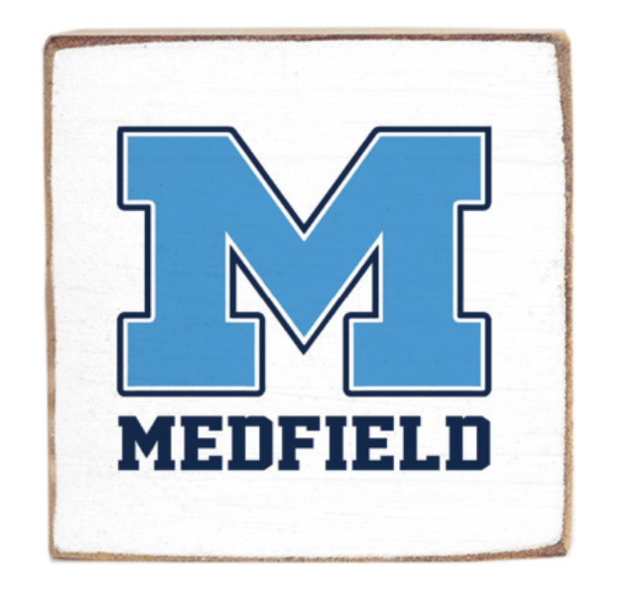 Rustic Marlin magent with a large blue 'M' and 'MEDFIELD' text on a white background. Available at Be Charmed