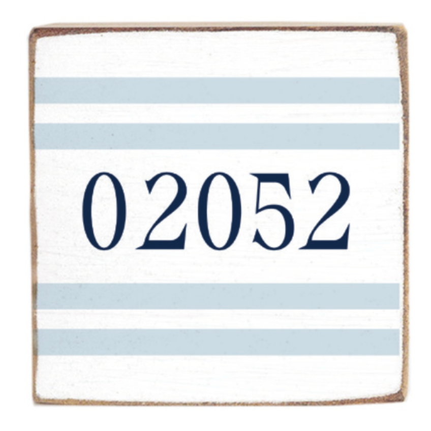 Rustic Marlin blue striped magnet with the number '02052' on a white background. Available at Be Charmed