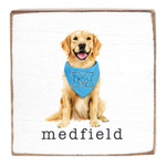Rustic Marlin Magnet with Dog wearing a blue bandana with 'M' on a white background with 'medfield' text. Available at Be Charmed
