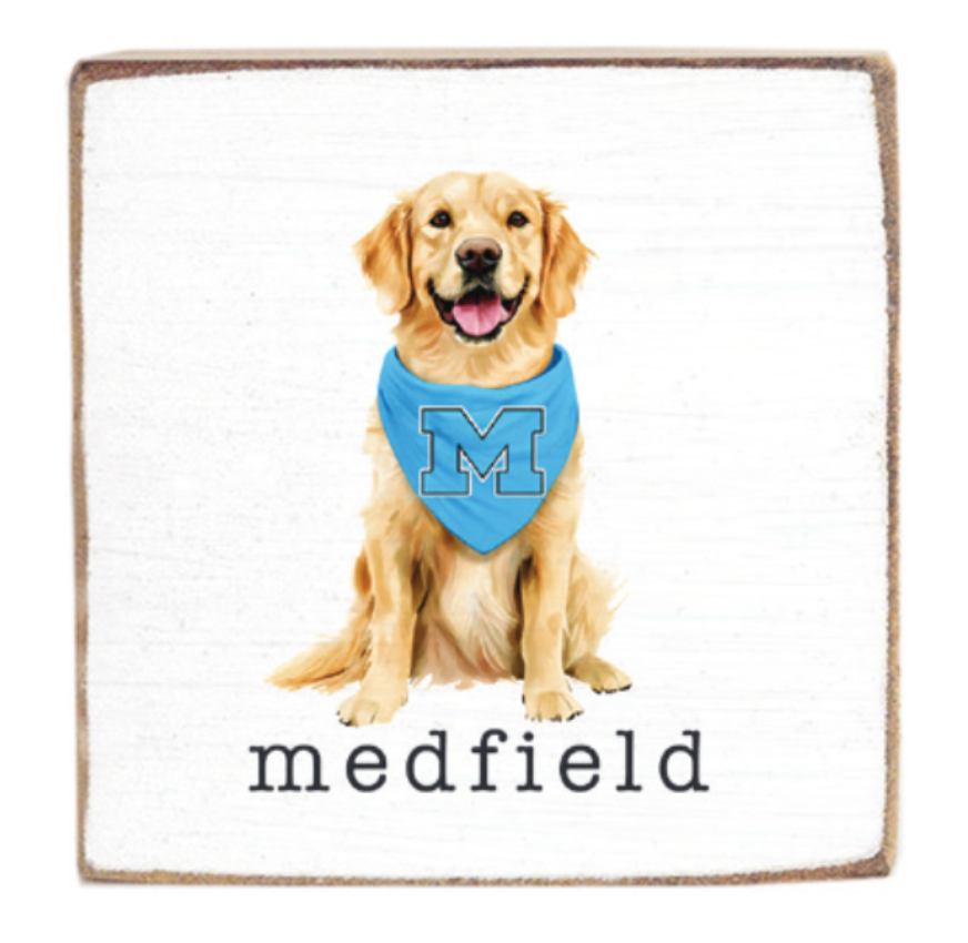 Rustic Marlin Magnet with Dog wearing a blue bandana with 'M' on a white background with 'medfield' text. Available at Be Charmed