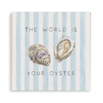 Rustic Marlin magnet with oyster illustration and 'The world is your oyster' text on a striped background. Available at Be Charmed