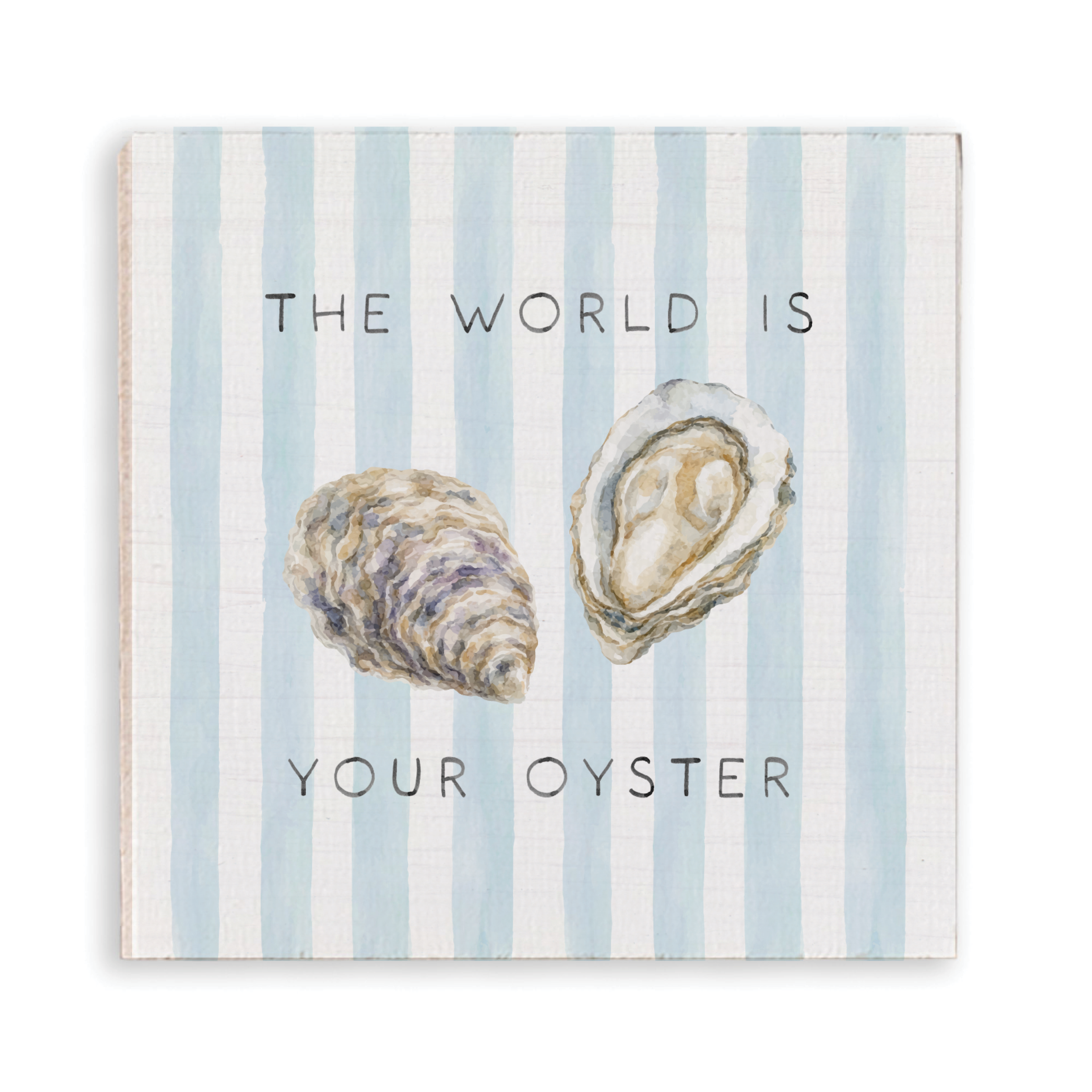 Rustic Marlin magnet with oyster illustration and 'The world is your oyster' text on a striped background. Available at Be Charmed