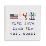 Rustic Marlin  magnet with American flag, lobster, glass of wine, and tote bag with flowers, featuring 'with love from the east coast' text. Available at Be Charmed