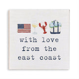 Rustic Marlin  magnet with American flag, lobster, glass of wine, and tote bag with flowers, featuring 'with love from the east coast' text. Available at Be Charmed