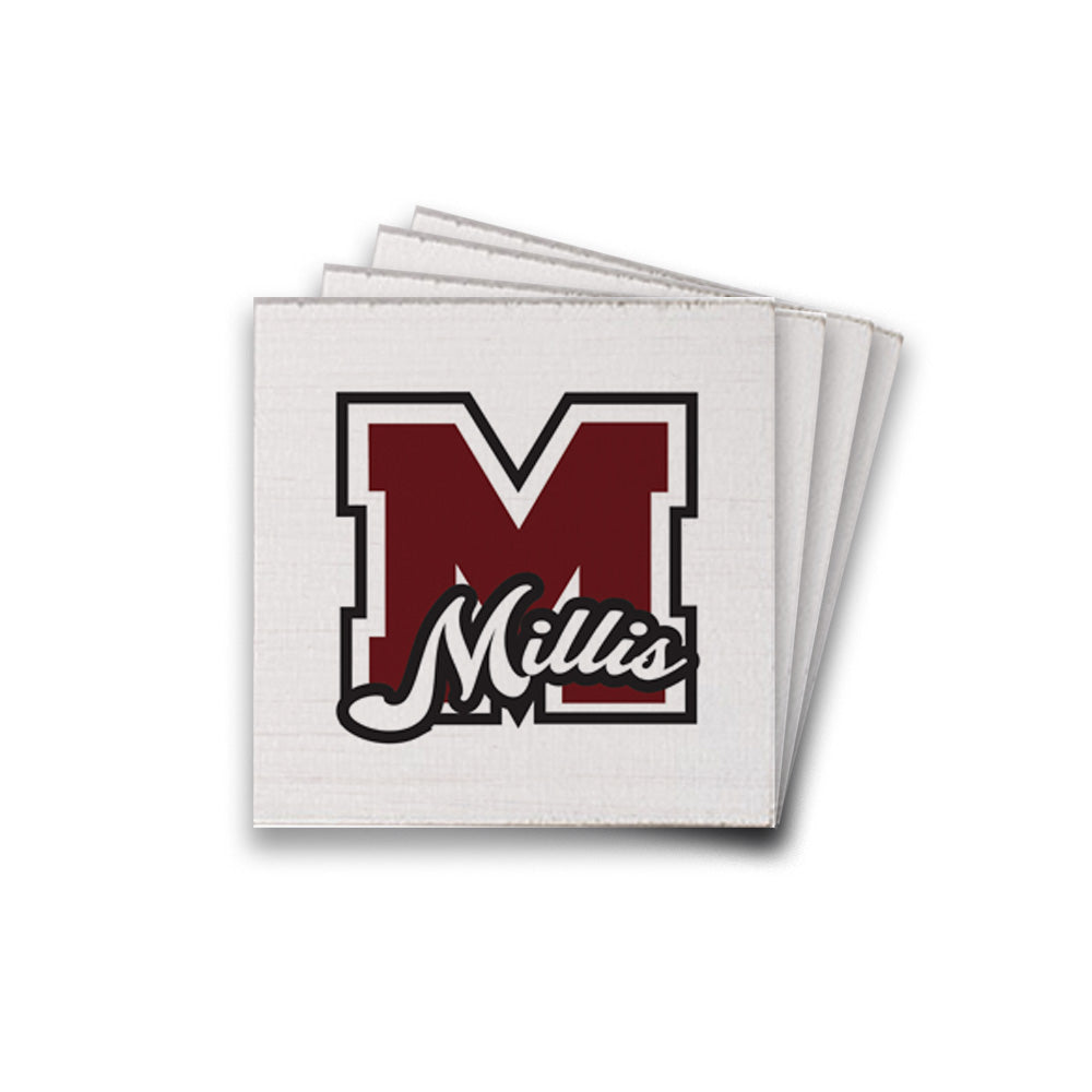 A stack of square, solid wood coasters with a handcrafted design, featuring the text 'Millis' on the front. Available at Be Charmed