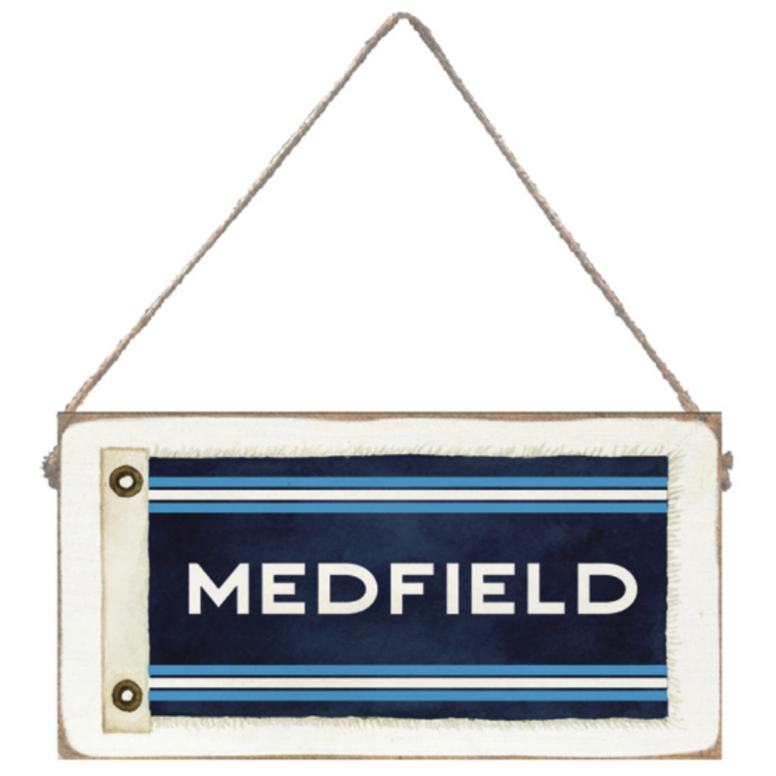 Rectangular twine sign with 'MEDFIELD' text on a blue background, hanging by a string. Available at Be Charmed