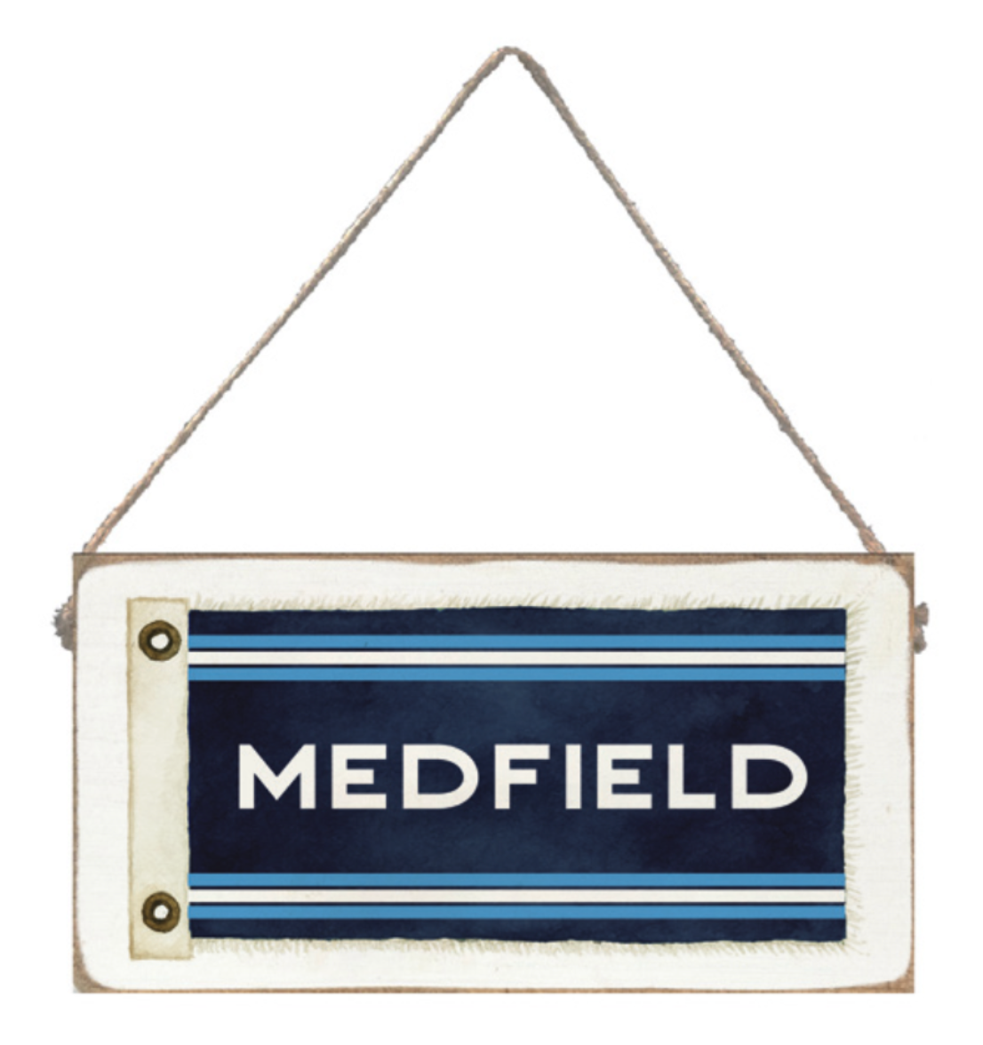 Rectangular twine sign with 'MEDFIELD' text on a blue background, hanging by a string. Available at Be Charmed