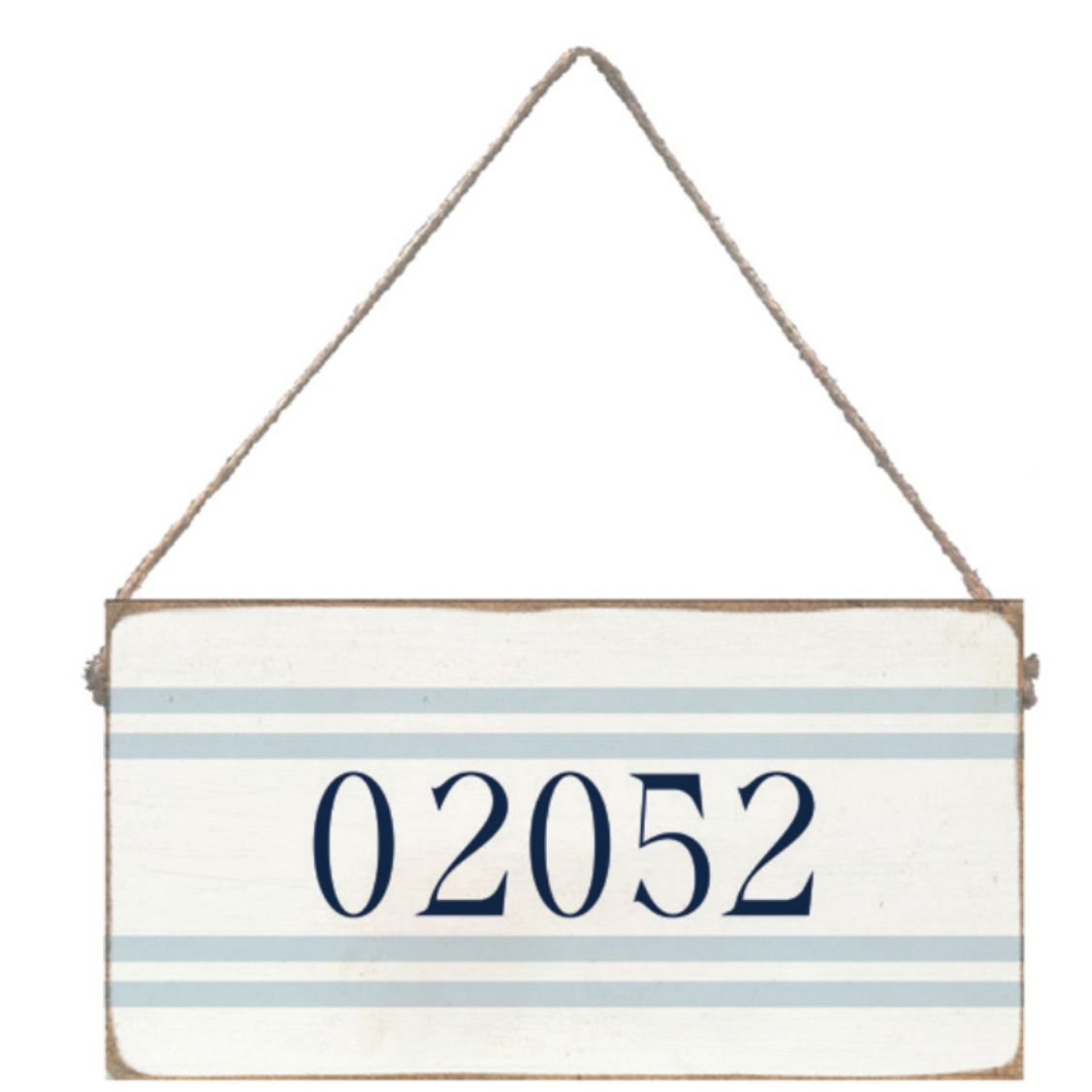 Rustic Marlin blue striped sign with numbers '02052' hanging on a white background. Available at Be Charmed