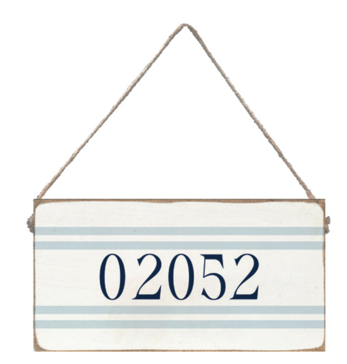 Rustic Marlin blue striped sign with numbers '02052' hanging on a white background. Available at Be Charmed