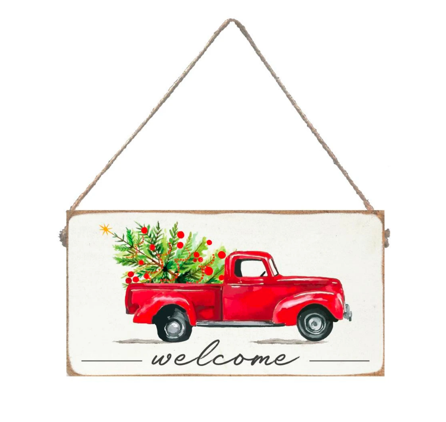 A rustic marlin twine sign with a red truck design and the text 'Welcome' on it, with a white background. Available at Be Charmed