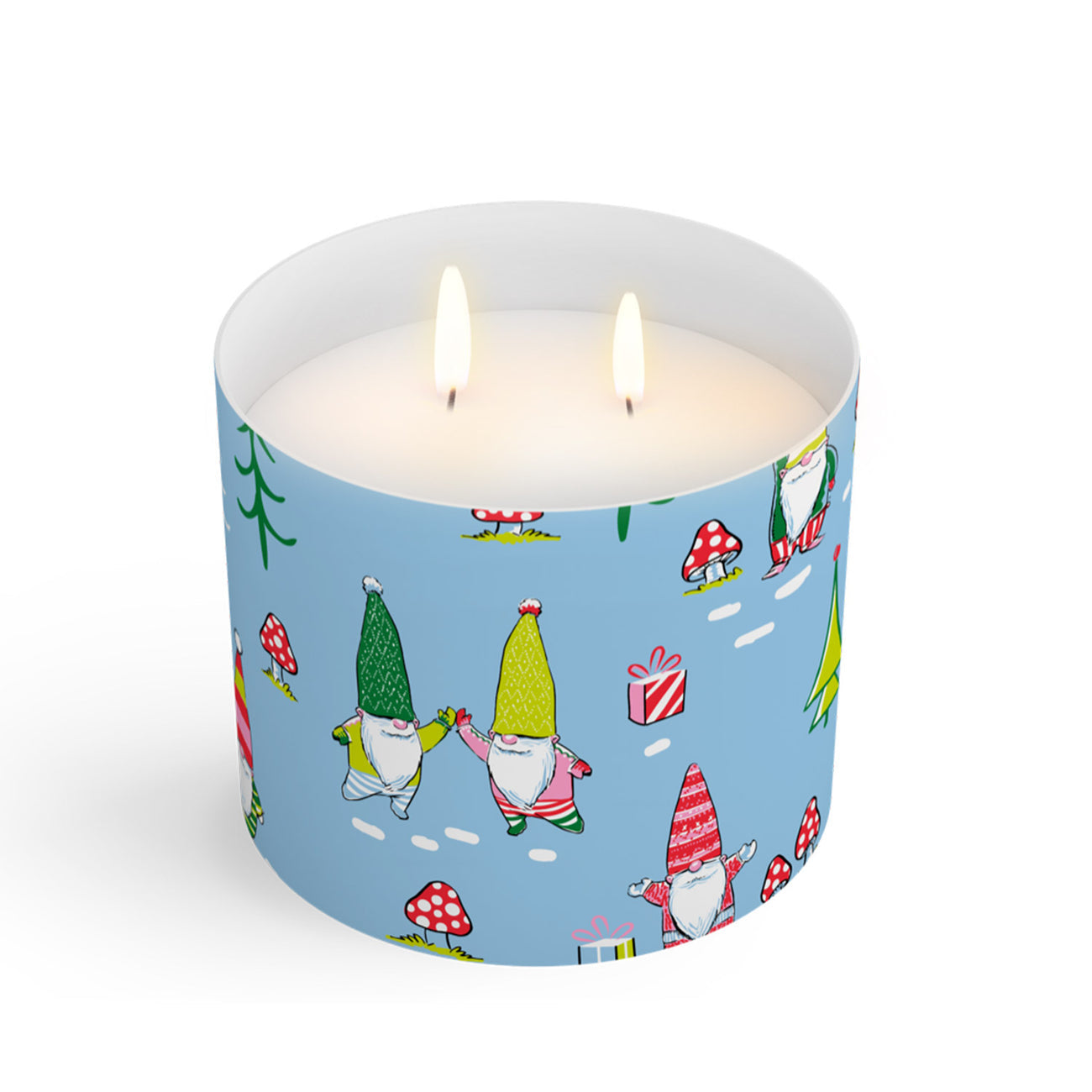 A Scout candle with a blue label featuring whimsical gnome illustrations. Available at Be Charmed