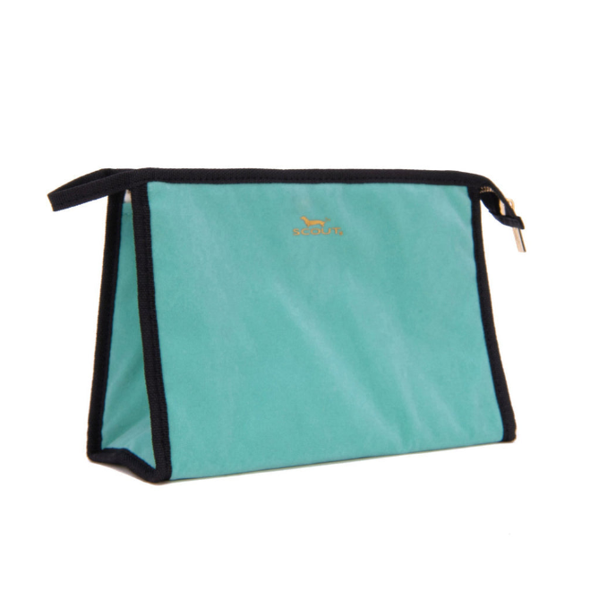 An aquamarine and black velvet pouch with a small finger loop, branded with the name 'Scout'. Available at Be Charmed