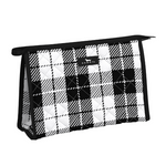 A black and white checkered cosmetic or makeup bag with a small finger loop and a brand tag visible on the side. Available at Be Charmed