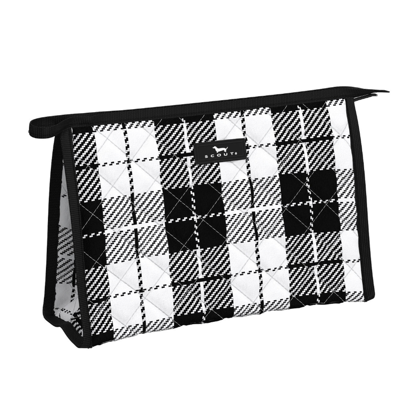 A black and white checkered cosmetic or makeup bag with a small finger loop and a brand tag visible on the side. Available at Be Charmed