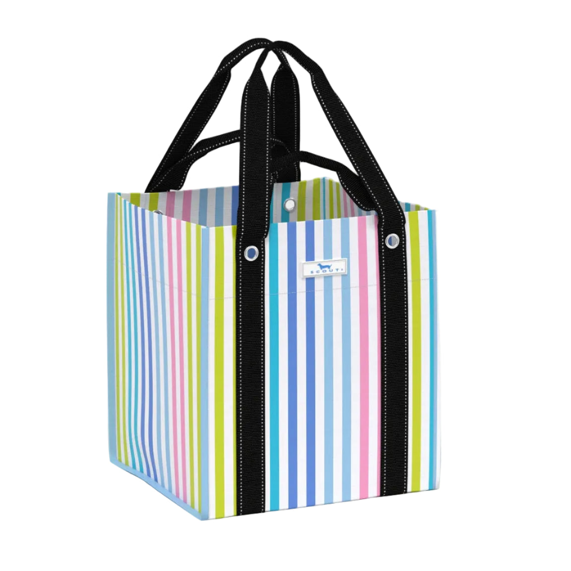 Multicolored striped tote bag with black handles on a white background. Available at Be Charmed.