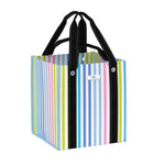 Multicolored striped tote bag with black handles on a white background. Available at Be Charmed.