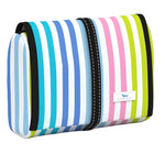 Striped pouch with a brand logo on a light gray background