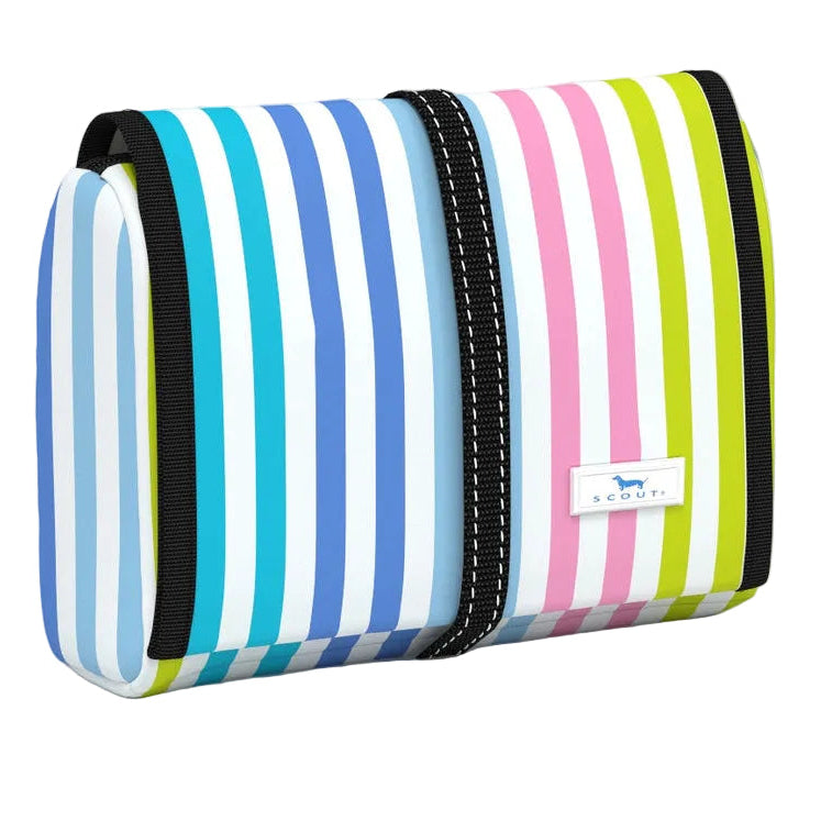 Striped pouch with a brand logo on a light gray background