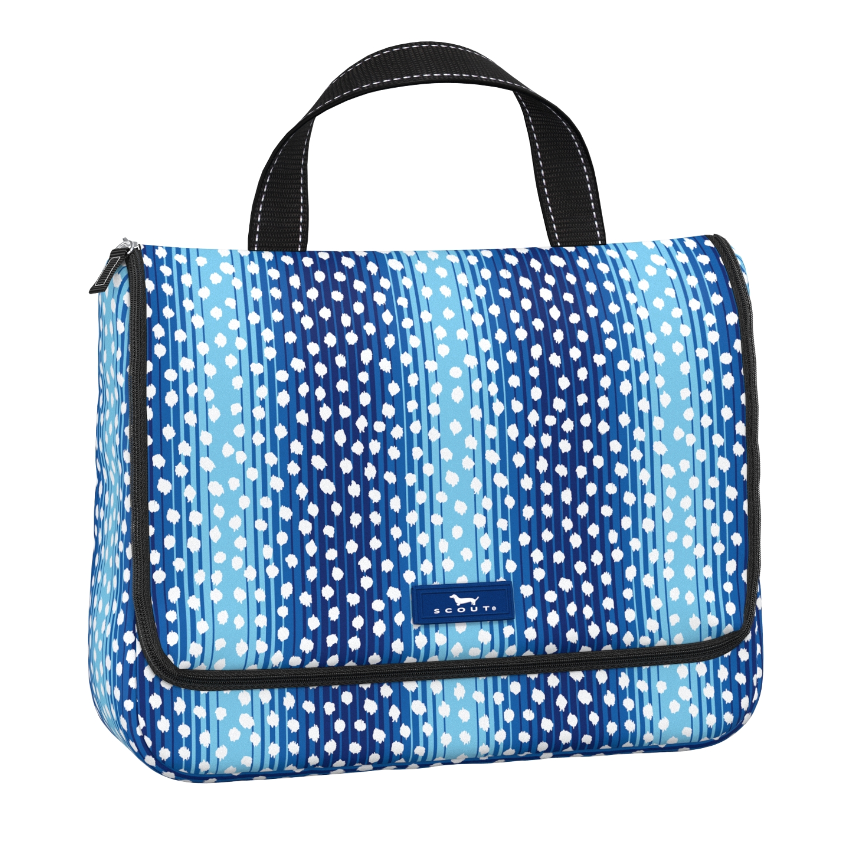 A blue and white patterned Scout beauty toiletry bag with black handles. Available at Be Charmed