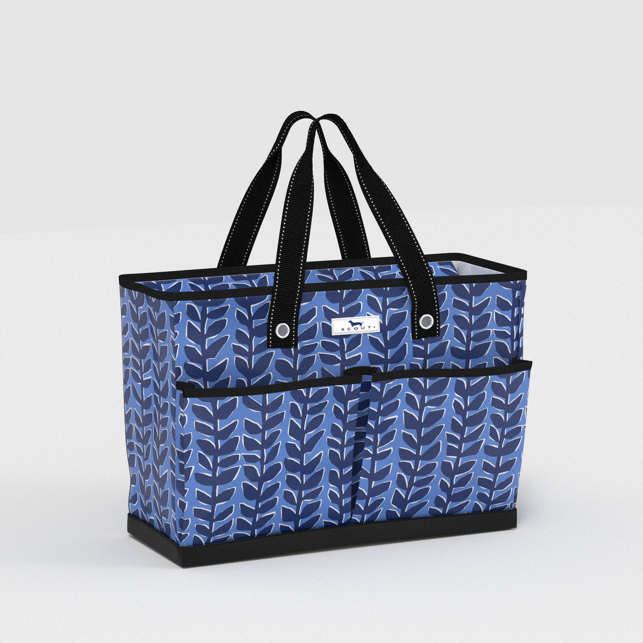 Blue patterned Scout tote bag with black accents on a white background. Available at Be Charmed