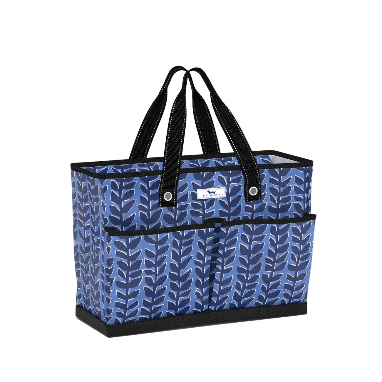 Blue patterned Scout tote bag with black accents on a white background. Available at Be Charmed