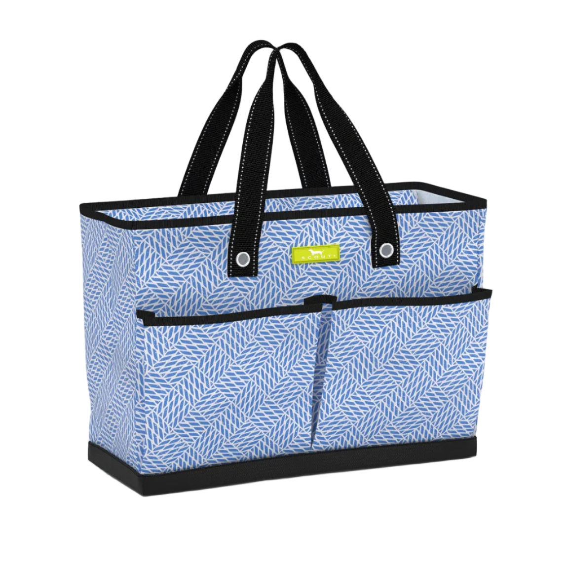 Blue patterned tote bag with black handles and trim on a white background. Available at Be Charmed