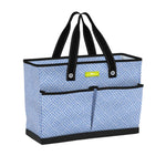 Blue patterned tote bag with black handles and trim on a white background. Available at Be Charmed