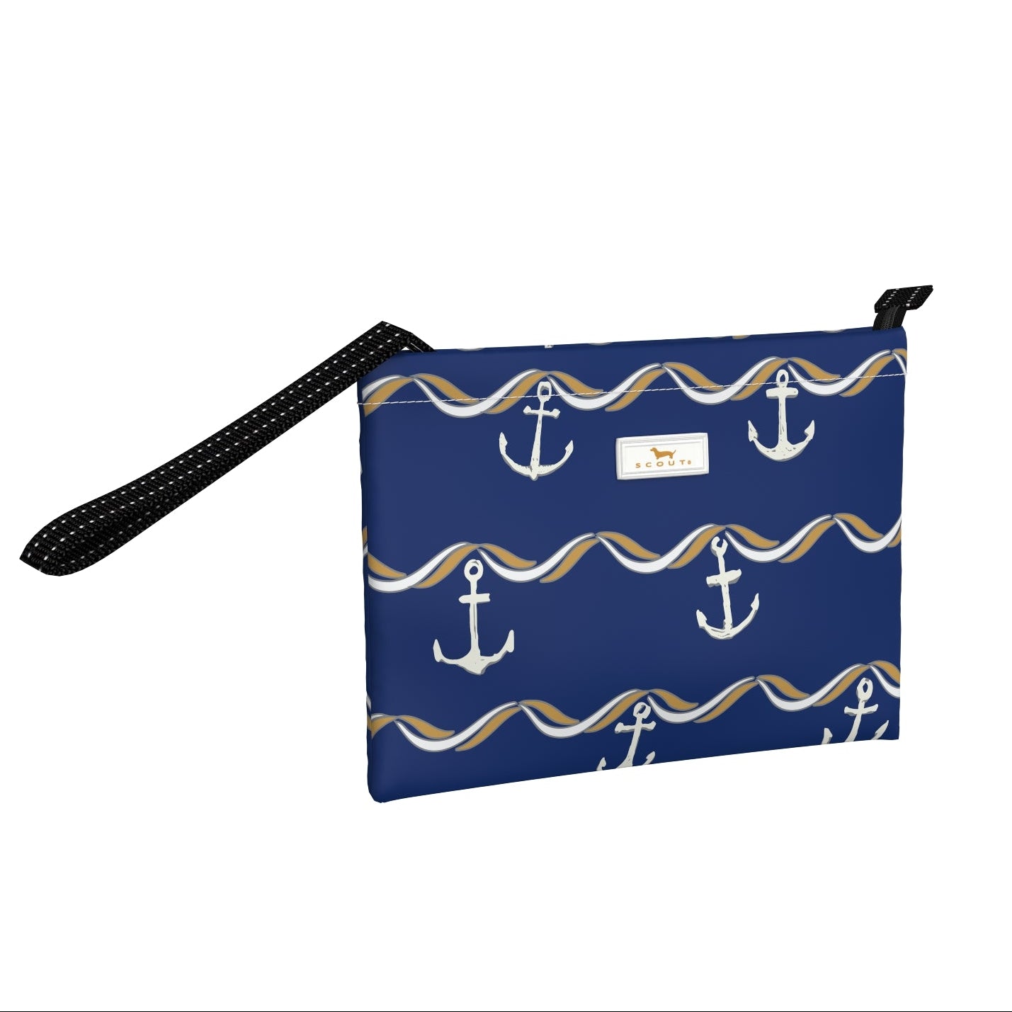 A navy wristlet with anchor pattern on a white background.  Available at Be Charmmed