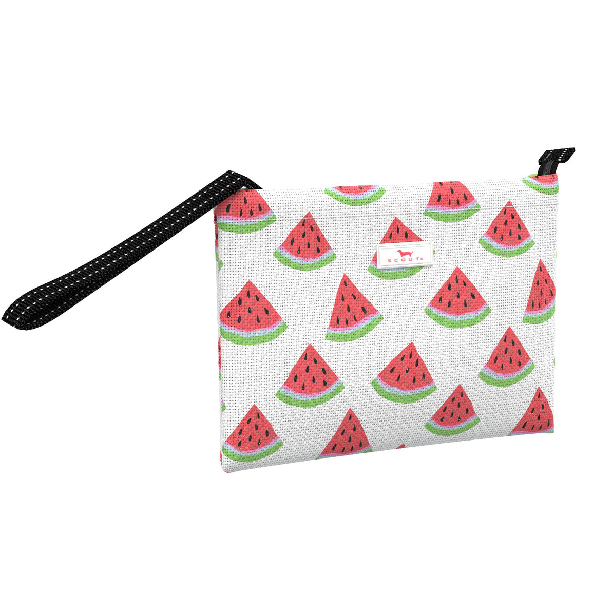 A white wristlet with a multicolor watermelon pattern and a black loop handle. Available at Be Charmed