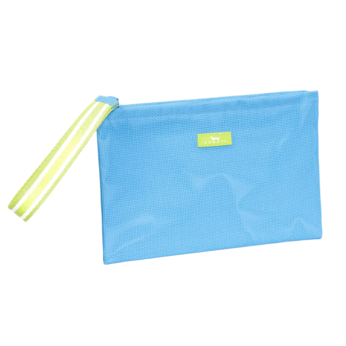 Blue mesh pouch with a yellow strap on a white background. Available at Be Charmed