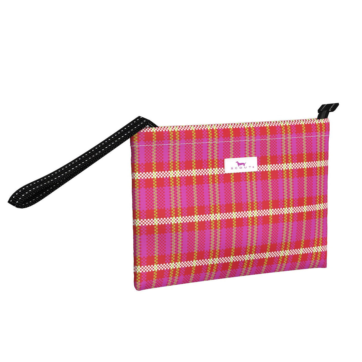 A pink plaid wristlet on a white background. Available at Be Charmed
