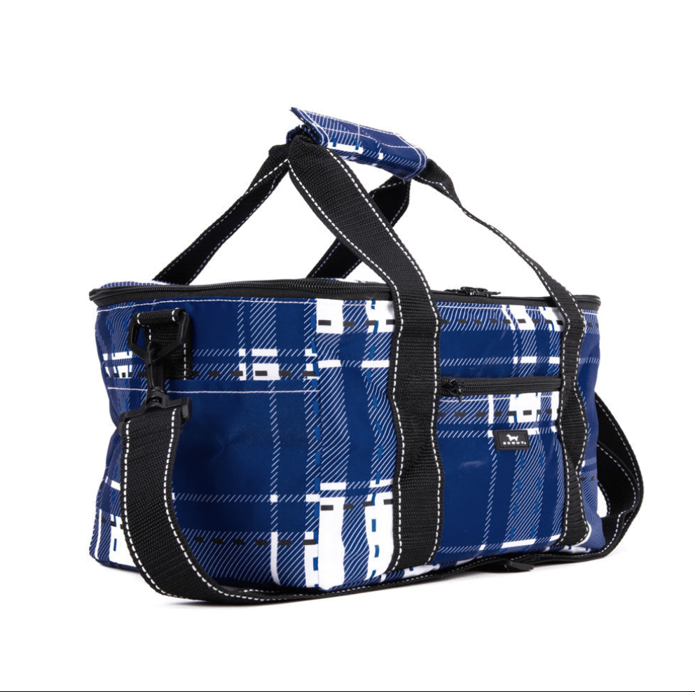 A blue and white plaid insulated cooler with black webbing handles and trim, shown on a plain white background. Available at Be Charmed