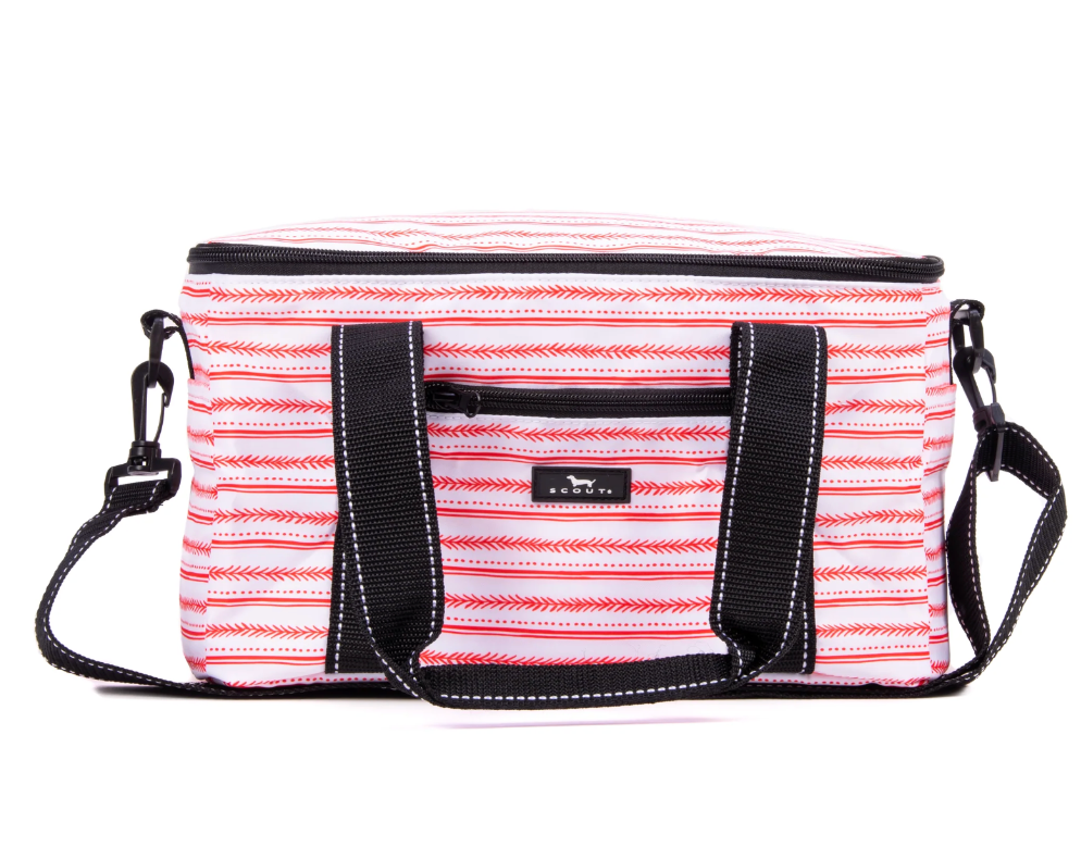 A rectangular soft-sided cooler bag with a pink and white wavy stripe pattern, black webbing handles, a black zipper, and a black shoulder strap, shown on a white background. Available at Be Charmed
