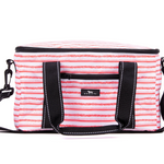 A rectangular soft-sided cooler bag with a pink and white wavy stripe pattern, black webbing handles, a black zipper, and a black shoulder strap, shown on a white background. Available at Be Charmed