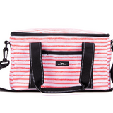 A rectangular soft-sided cooler bag with a pink and white wavy stripe pattern, black webbing handles, a black zipper, and a black shoulder strap, shown on a white background. Available at Be Charmed
