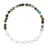 A mini chain bracelet with African turquoise beads, a silver chain, and an engraved hexagon Scout logo bead. Available at Be Charmed
