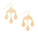 A pair of gold-colored crescent-shaped earrings with pink stone accents, suspended from hooks. Available at Be Charmed